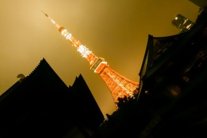 Tokyo Tower at night as seen from within Zoko Temple Grounds